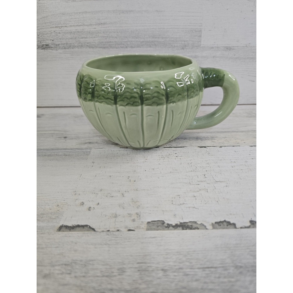 WCL Green Ceramic Ribbed Vegetable Leaf Mug Farmhouse Botanical Tea Cup